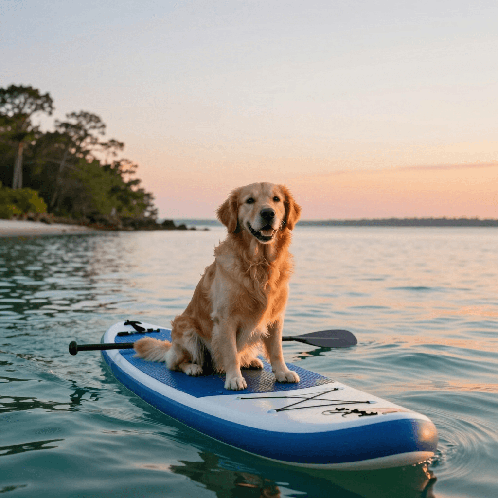 Dog sitting on a paddleboard